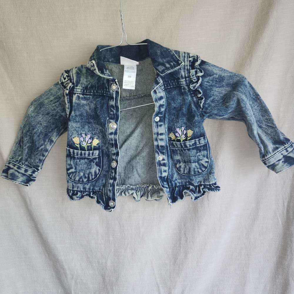 Little Lass Blue Denim Jacket with Floral Details